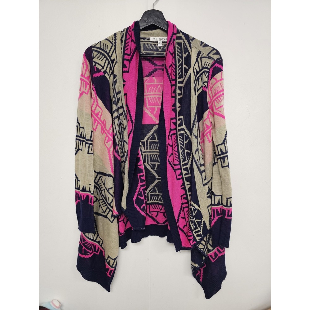 Say‎ What Cardigan Sweater Womens XL Pink Navy Aztec Open Front Drape Made USA